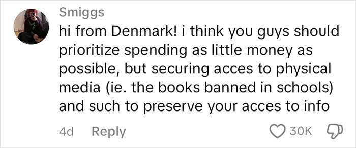 Comment advising Americans on spending less and securing access to banned books.