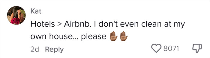 Text comment about preferring hotels over Airbnb, humorously stating unwillingness to clean, with high likes.