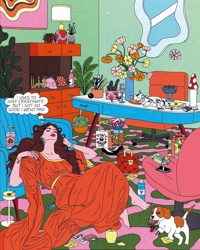 Woman lounging in a vibrant room with humorous and sarcastic elements in the illustration.