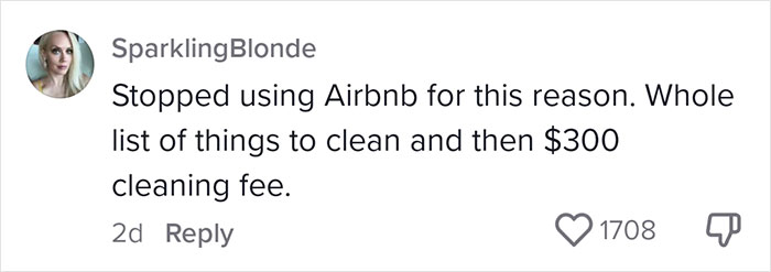 User expressing frustration about Airbnb cleaning tasks and fees in a comment with 1708 likes.