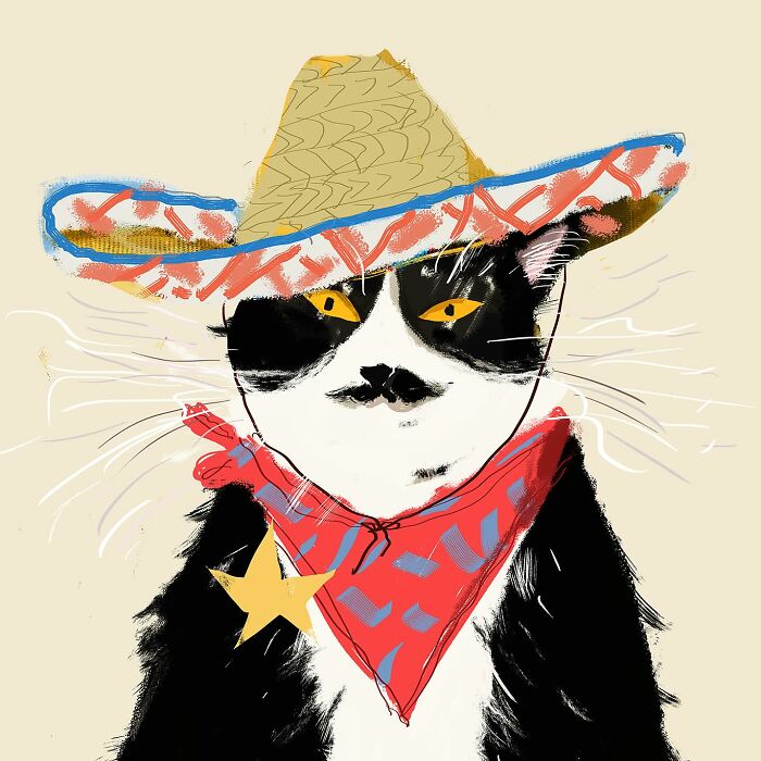 Illustration of a black and white cat wearing a cowboy hat and red bandana, perfect art for cat lovers.