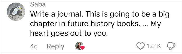 Social media comment saying to journal current affairs, expressing sympathy, with 12.1K likes.