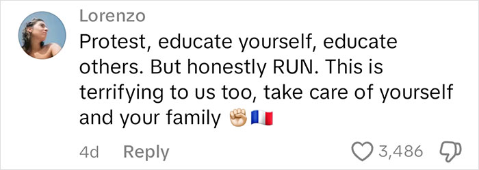 Comment about American current affairs advice, suggesting protest and self-education, with emoji symbols for emphasis.