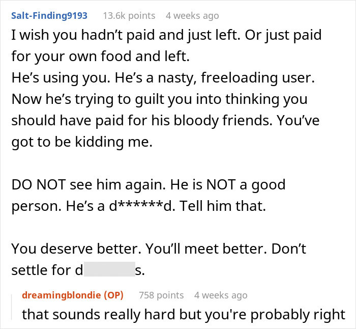 Reddit comments criticizing boyfriend for expecting birthday dinner payment, main keyword: &ldquo;AITAH ruining BF's birthday.&rdquo;