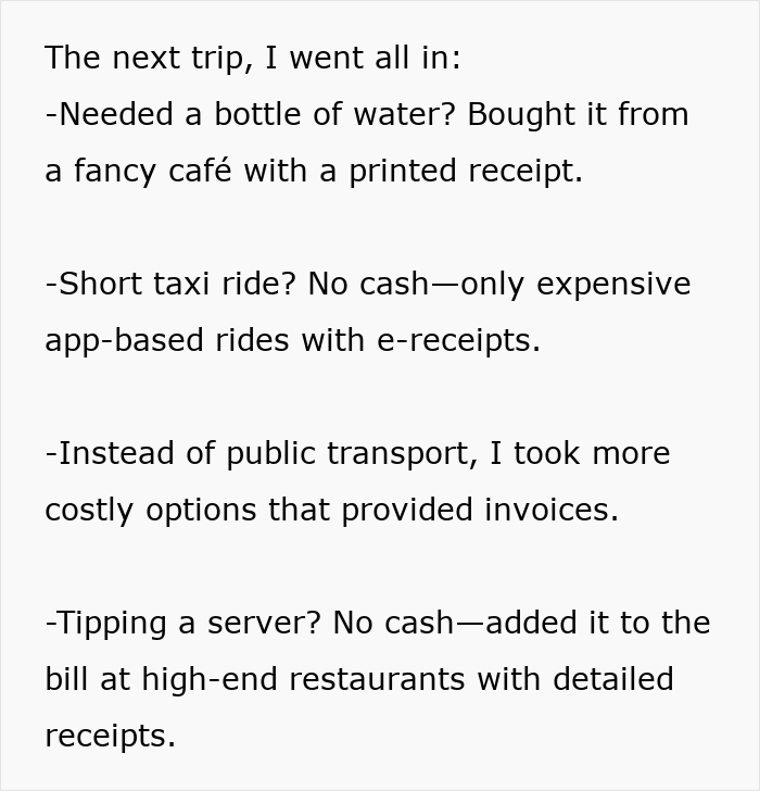 Text about compliance with expensive receipts for reimbursement requirements by a boss. Text about compliance with expensive receipts for reimbursement requirements by a boss.