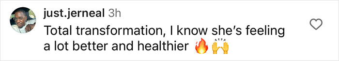 Comment praising weight loss transformation with fire and raising hands emojis. Comment praising weight loss transformation with fire and raising hands emojis.