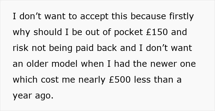 Text image discussing refusal to buy a new hairdryer due to financial concerns, mentioning costs of &pound;150 and &pound;500.