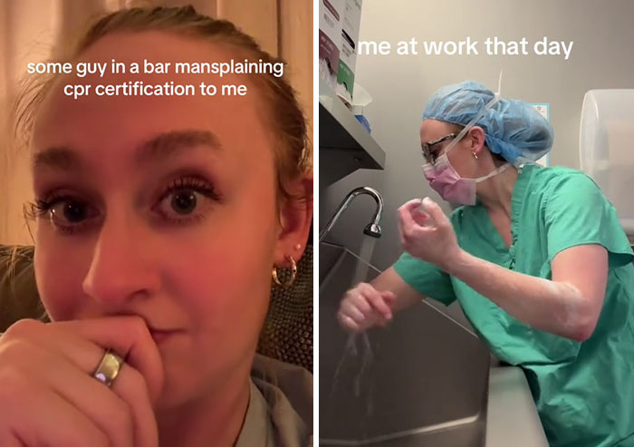 Woman reacting to mansplaining in a bar, followed by her washing hands at work in medical scrubs.