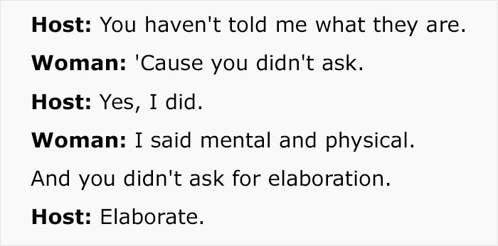 Conversation highlighting a woman's mental health reason for refusing a job during an interview. Conversation highlighting a woman's mental health reason for refusing a job during an interview.
