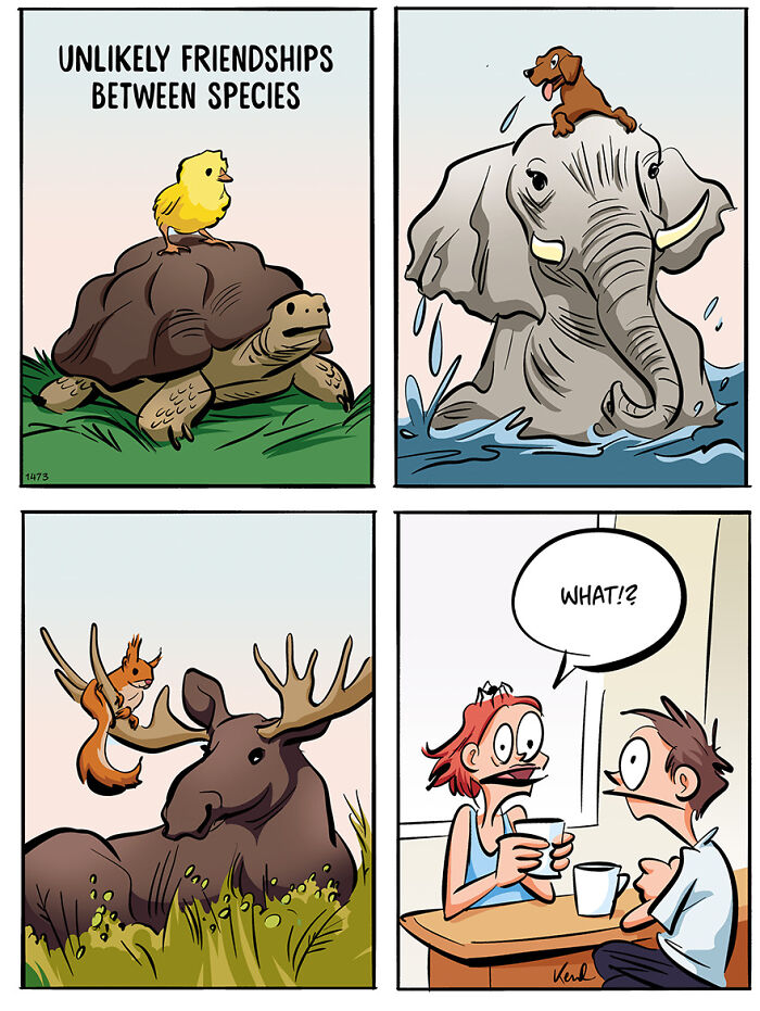 Comic illustration featuring a humorous and chaotic scene with Kenneth Larsen and his best friend Martha.