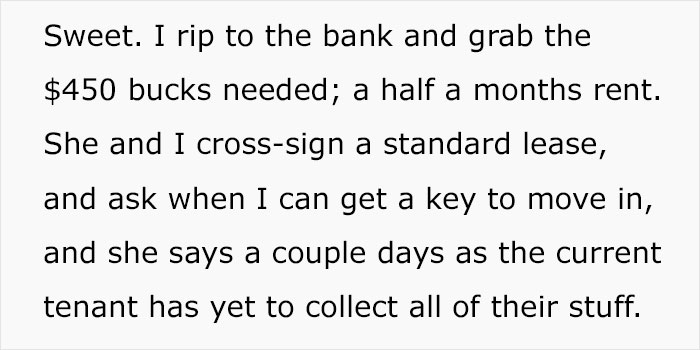 Text describing an apartment scam involving a rushed lease and rent payment. Text describing an apartment scam involving a rushed lease and rent payment.