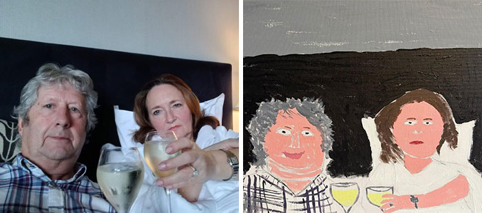 Man's viral painting of his wife beside original photo, both holding drinks and sitting together. Man's viral painting of his wife beside original photo, both holding drinks and sitting together.