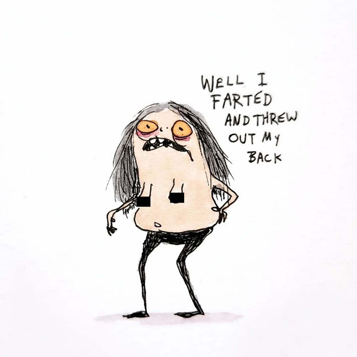 Goofy and disturbing illustration by Kyle Beaudette featuring a quirky character with humorous text.