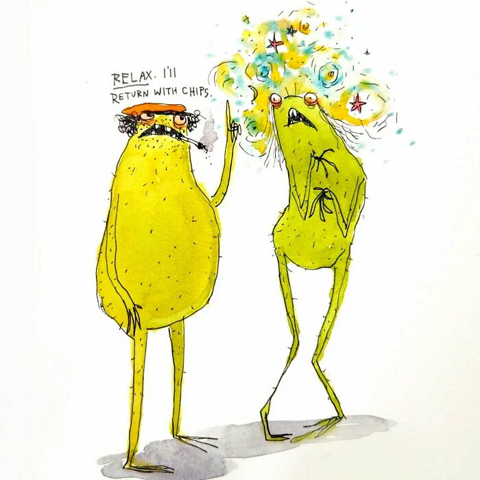 Two quirky creatures in a colorful scene, highlighting Kyle Beaudette's dark humor.