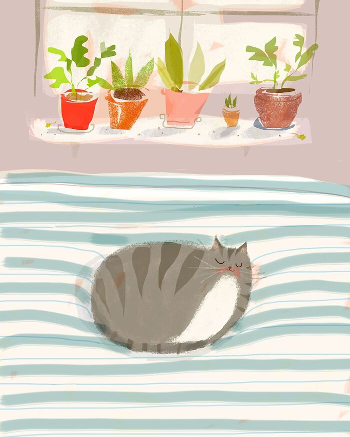 Cozy illustration of a cat sleeping on a striped blanket, with potted plants on a windowsill in the background.
