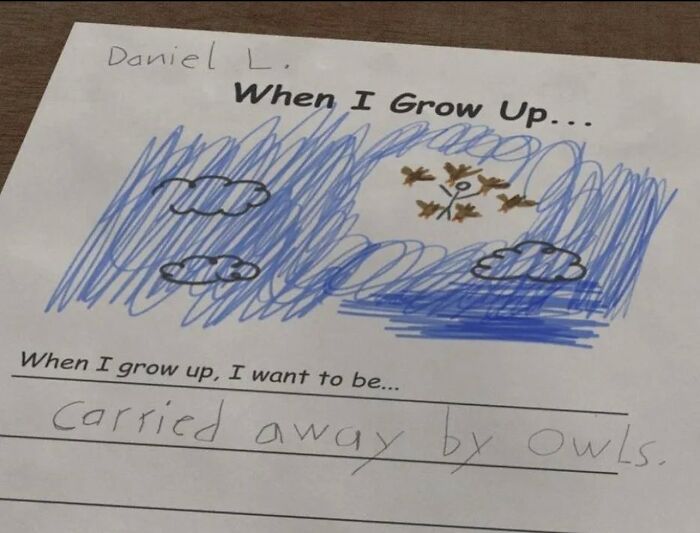 Child's funny drawing with blue sky and clouds, captioned "When I grow up, I want to be carried away by owls."
