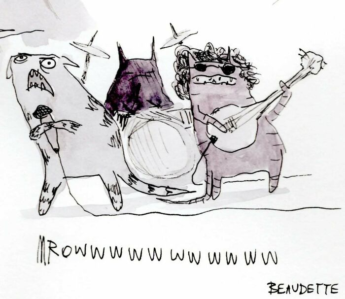 Goofy illustration by Kyle Beaudette showing quirky animal band with exaggerated expressions.