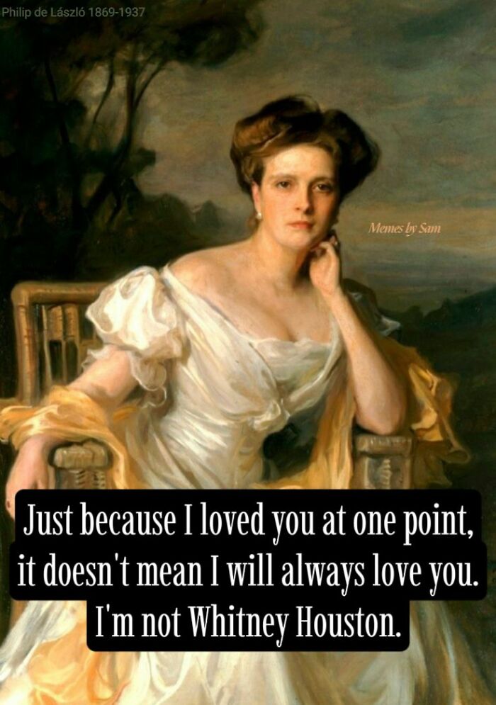 Classical art meme of a woman in a white dress with humorous text about love and Whitney Houston.