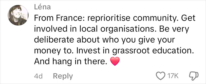 Comment advising community involvement and grassroots education, with 17K likes, relating to American current affairs.