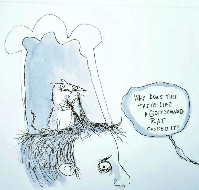 A rat on a person's head, pulling hair, with a speech bubble showcasing dark humor, by Kyle Beaudette.