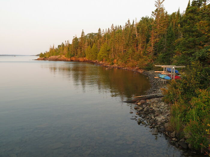 Serene lakeside view with evergreen trees and a canoe, showcasing amazing views.