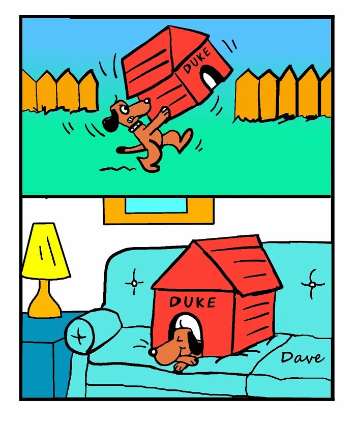 Humorous comic of a dog carrying its doghouse, then resting inside it on a couch.