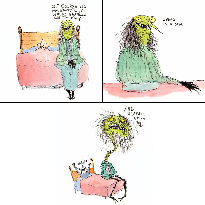 Disturbing illustration depicting dark humor with a creepy figure disguised as a grandma confronting a frightened child.