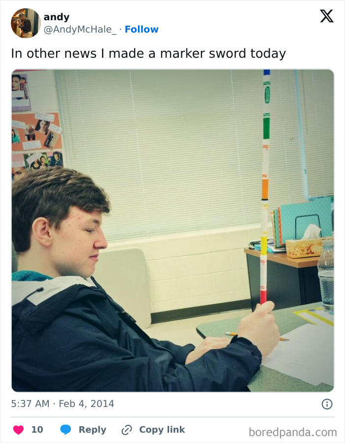 Student holding a makeshift sword made from old-school markers in a classroom setting.