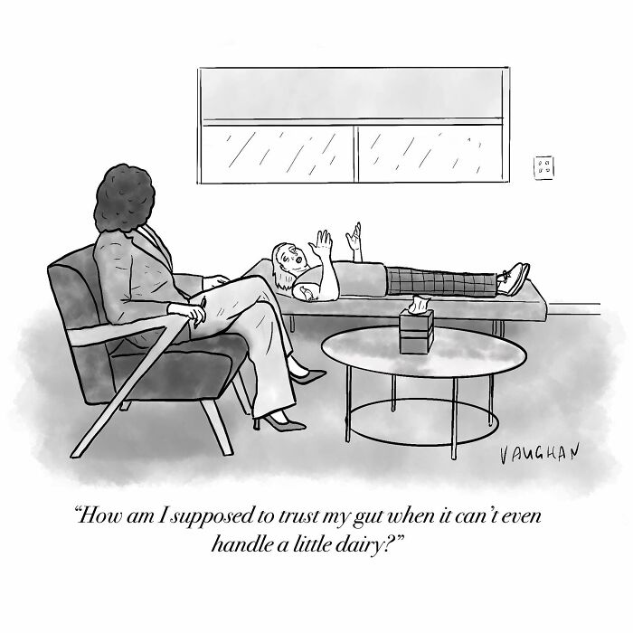 Observational comic by Vaughan Tomlinson of a therapy session joke about dairy intolerance and trusting your gut.