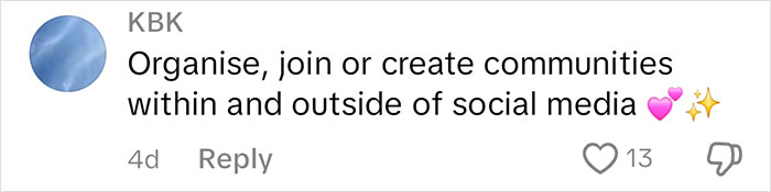 Social media comment advising to create communities, with likes and reply option visible.