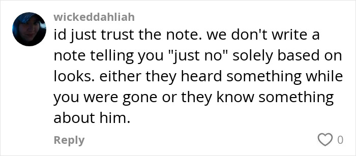 Stranger's chilling note warning, digital comment expressing concern over date's intentions. Stranger's chilling note warning, digital comment expressing concern over date's intentions.