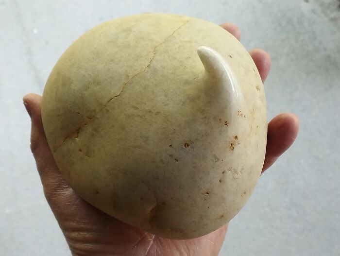 Hand holding a smooth, round stone sculpture with a horn-like protrusion, exemplifying defiance of physics.