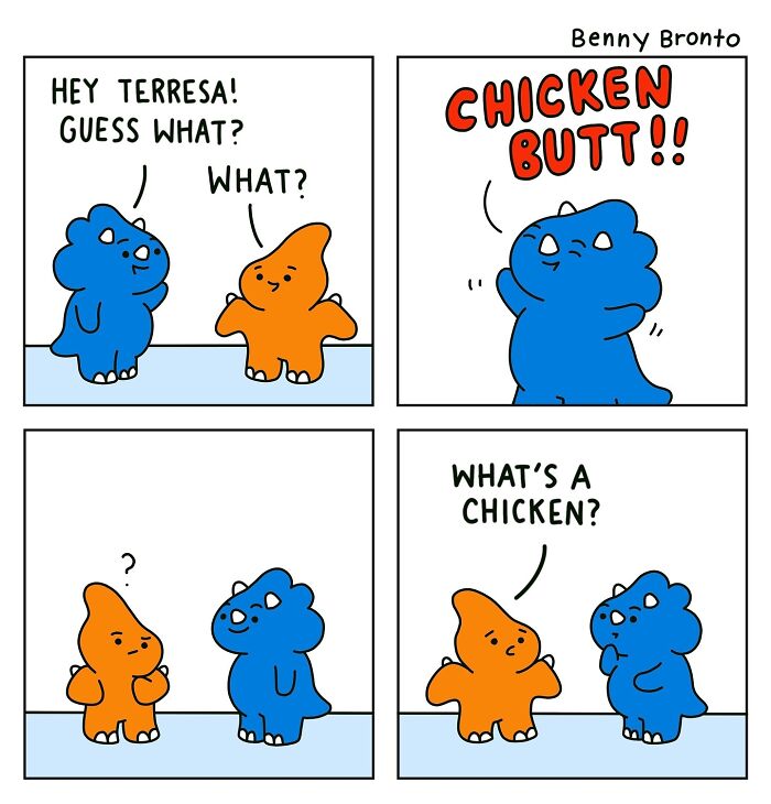 Benny Bronto comic featuring two cartoon dinosaurs with a humorous "chicken b**t" joke.
