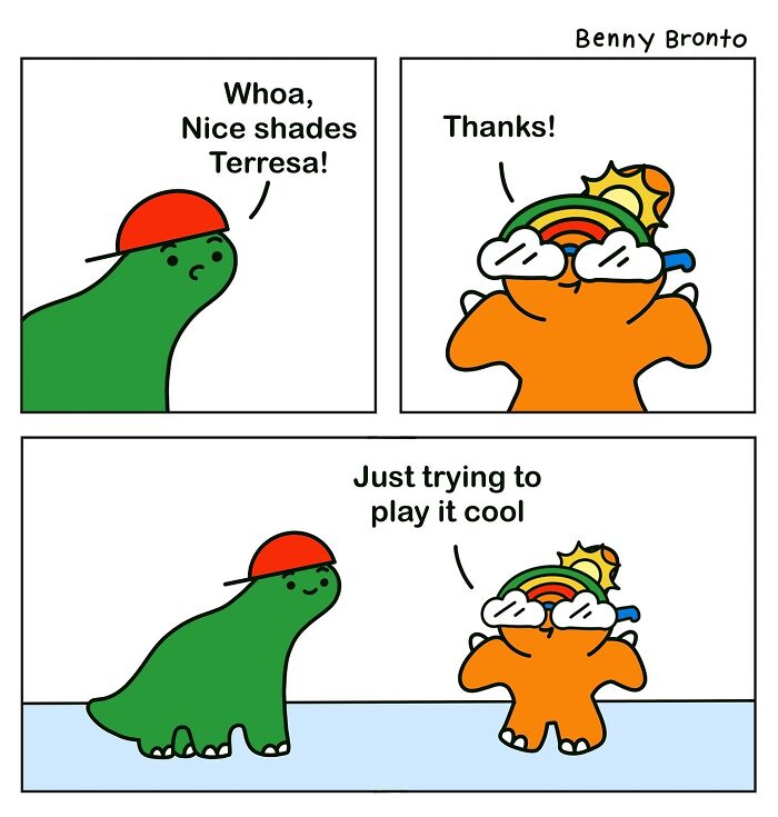 "Benny Bronto comic with dinosaurs complimenting sunglasses and trying to stay cool."