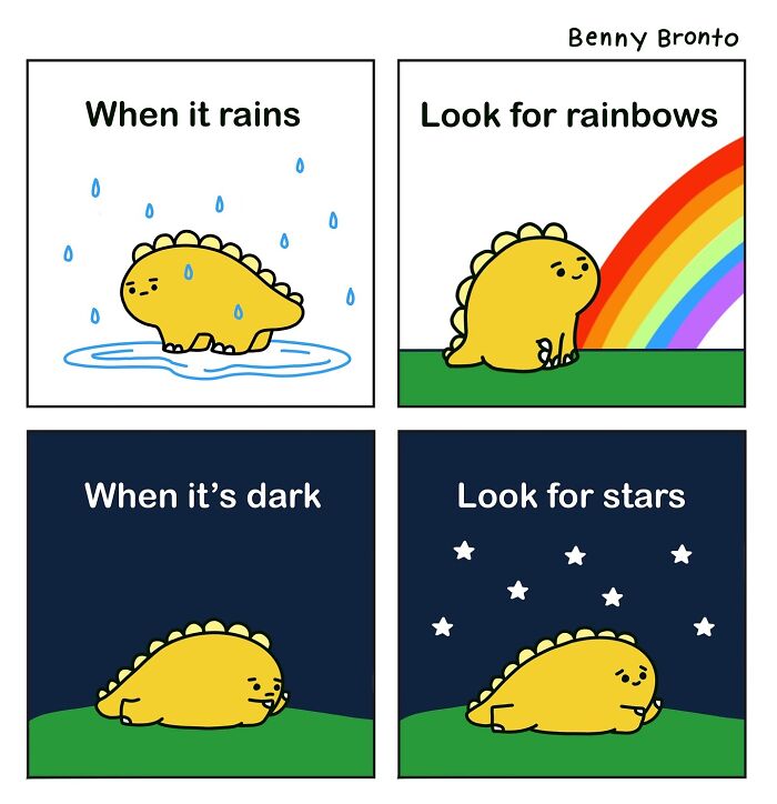 Benny Bronto comic featuring a yellow dinosaur finding rainbows and stars in uplifting scenes.