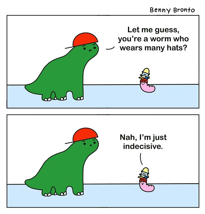 Benny Bronto comic with a dinosaur and a worm discussing indecisiveness and hats.