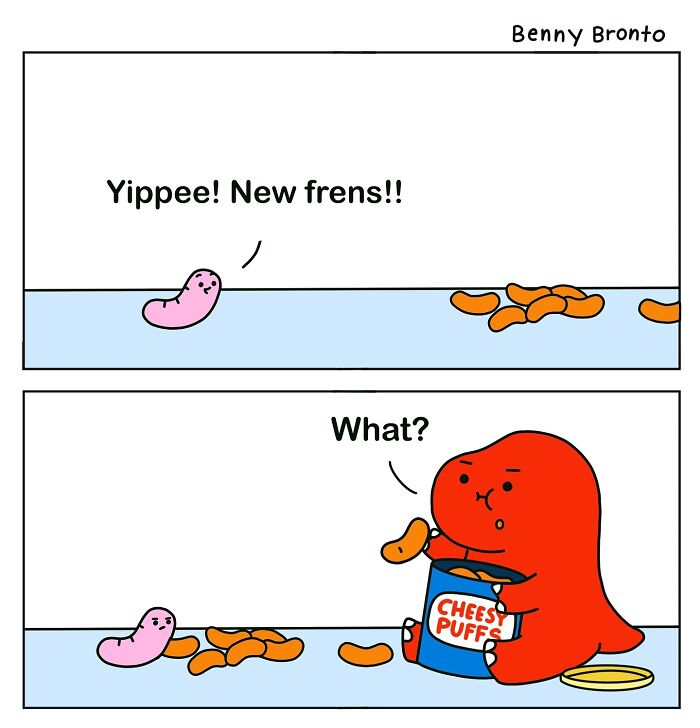 Benny Bronto comic strip featuring characters with Cheese Puffs; one says "Yippee! New frens!!" and the other replies "What?"