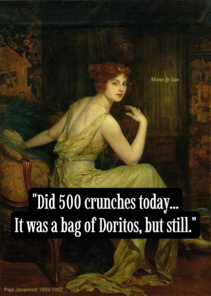 Classical art meme with a caption about doing 500 crunches with Doritos.