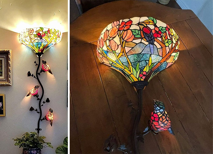 Stained glass lamp with colorful bird designs, a unique secondhand find on a Facebook group.