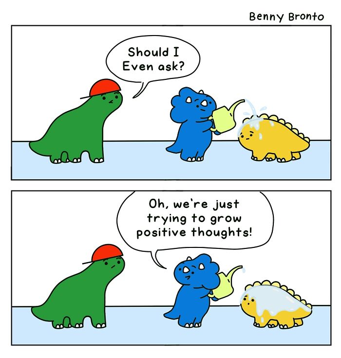 Benny Bronto comic with dinosaurs discussing growing positive thoughts.