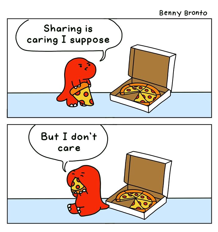 Benny Bronto comic of a red dinosaur with pizza slice, humorously disregarding sharing.
