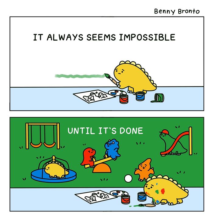 Benny Bronto comic showing a dinosaur creating art and playing with friends in a park.