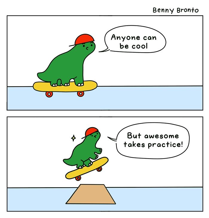 Benny Bronto skateboarding, sharing a message about practicing to be awesome.