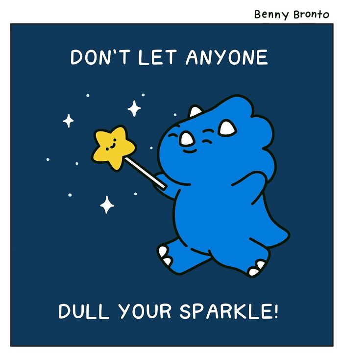 Benny Bronto holds a star wand, surrounded by sparkles, with the text "Don't let anyone dull your sparkle."