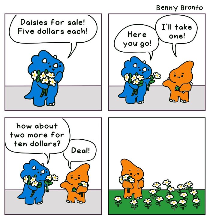 Blue and orange dinosaurs in a Benny Bronto comic exchanging daisies, illustrating a cheerful flower sale.