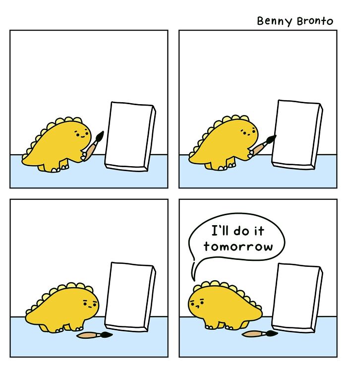 Benny Bronto comic strip showing a dinosaur procrastinating with a paintbrush, saying "I'll do it tomorrow."