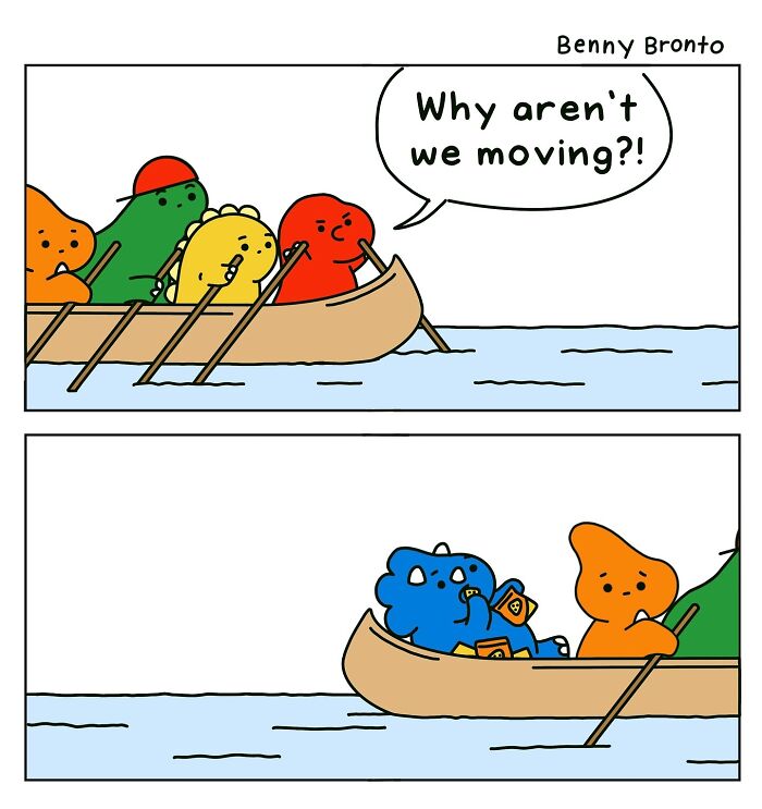 Benny Bronto comic showing characters in a canoe with one eating snacks while others row.