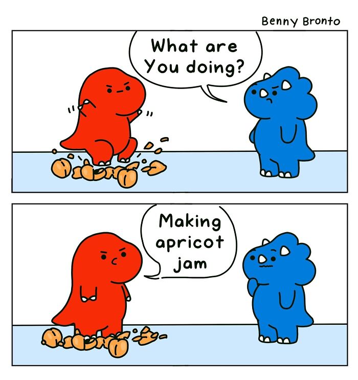 Two dinosaurs from Benny Bronto comic, red smashing apricots, saying "Making apricot jam," with a blue dinosaur watching.