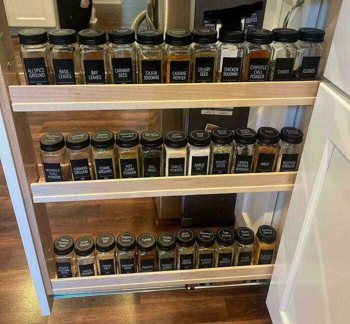 Neat and satisfying spice rack organization with labeled jars in a pull-out cabinet, showcasing next-level organization.