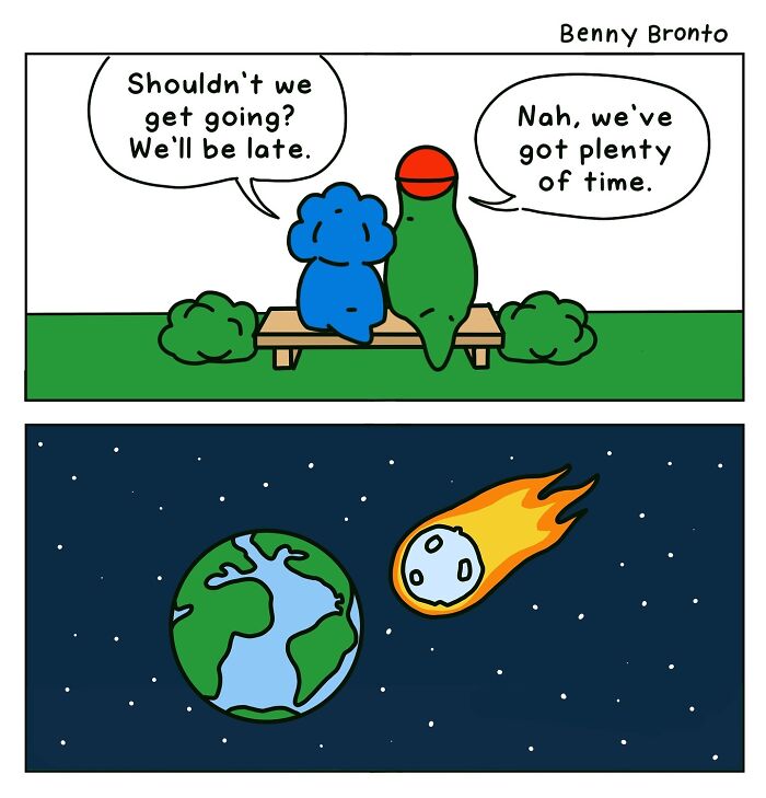 Two cartoon characters on a bench discuss timing, with an asteroid heading towards Earth. Benny Bronto comic.